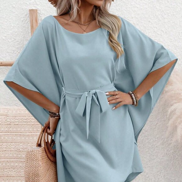 Baby Blue Casual Women's Solid Color Belted Bell Sleeve Dress - Picture 5 of 6